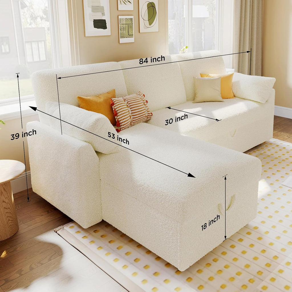VanAcc Sofa Bed, Sleeper Sofa- 2 in 1 Pull Out Couch Bed with Storage Chaise for Living Room, White Sherpa