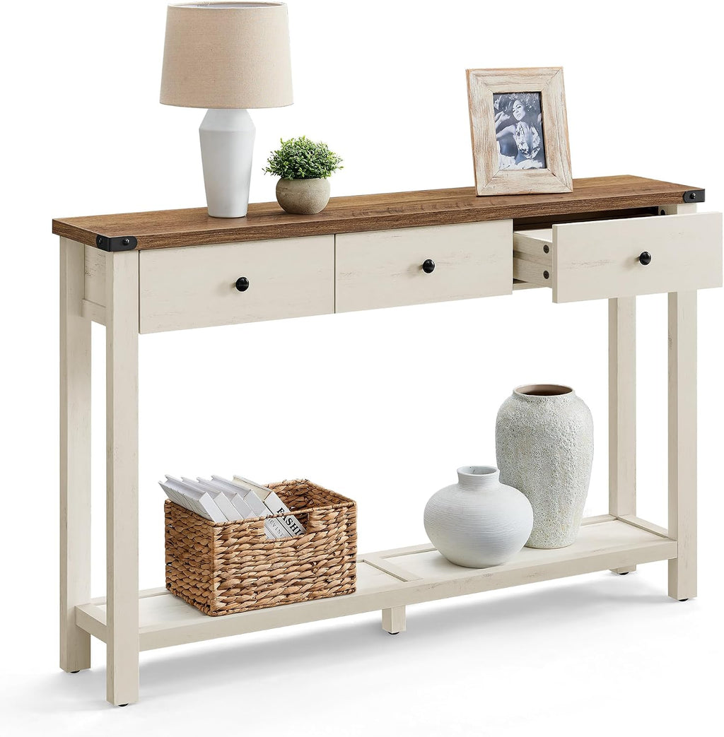 VASAGLE LIRY Collection - Console Table with 3 Drawers and Open Storage Shelf, Narrow Entryway Sofa Table for Living Room, Farmhouse Style, Metal Corners, Honey Brown and Rustic White ULNT142WJ02S