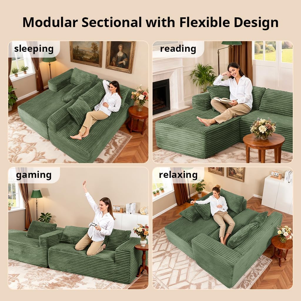 COMHOMA 105'Modular Sectional Sofa with Deep Seat,Cloud Upholstered L-Shape Couch Wide Arms Corduroy Fabric High-Density Foam Chaise Lounge for Living Room No Assembly Required