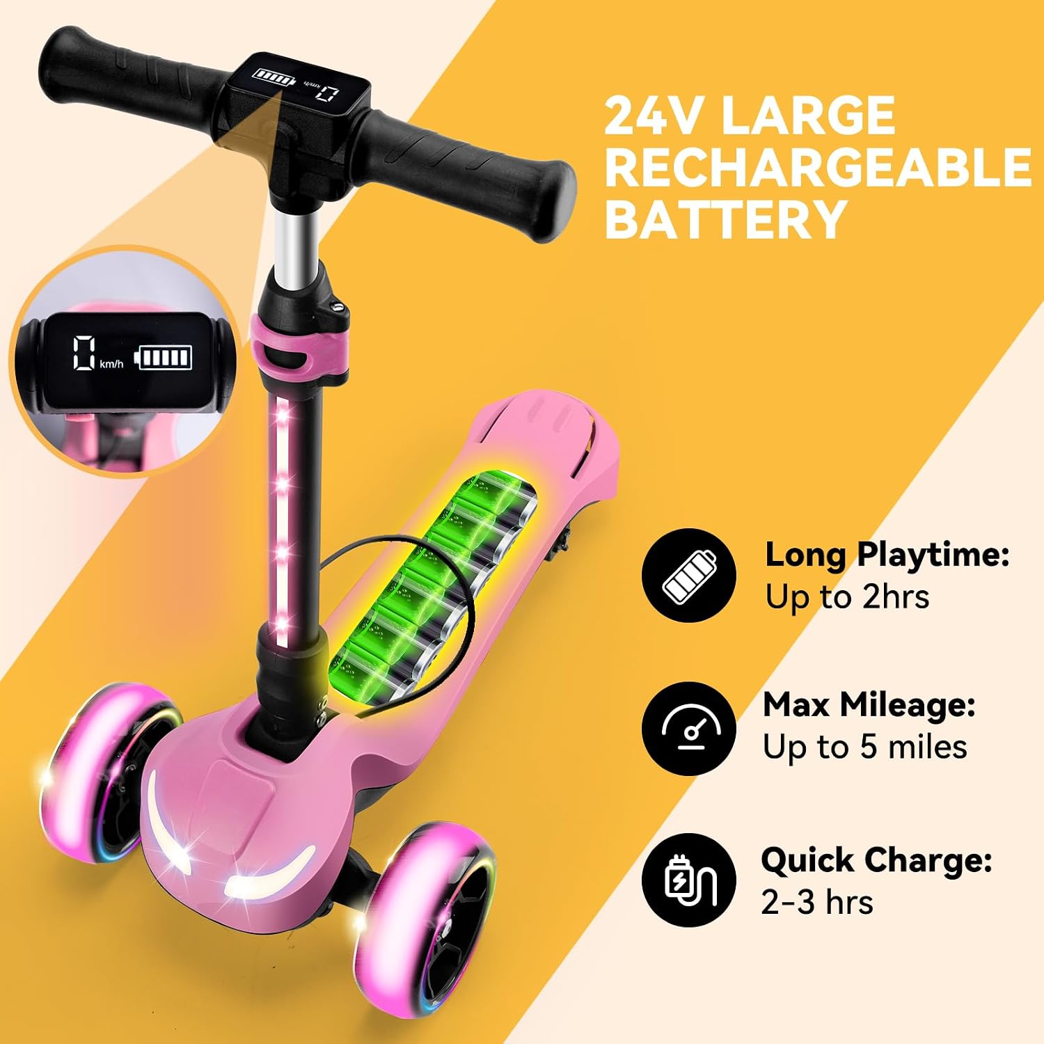 24V Electric Scooter for Kids w/150W Powerful Motor, Thumb Throttle, LCD Screen, Bluetooth, Light-Up Stem Deck & Wheels, 3 Adjustable Heights, 5MPH Safe Speed, 3 Wheel Electric Scooter for Kids
