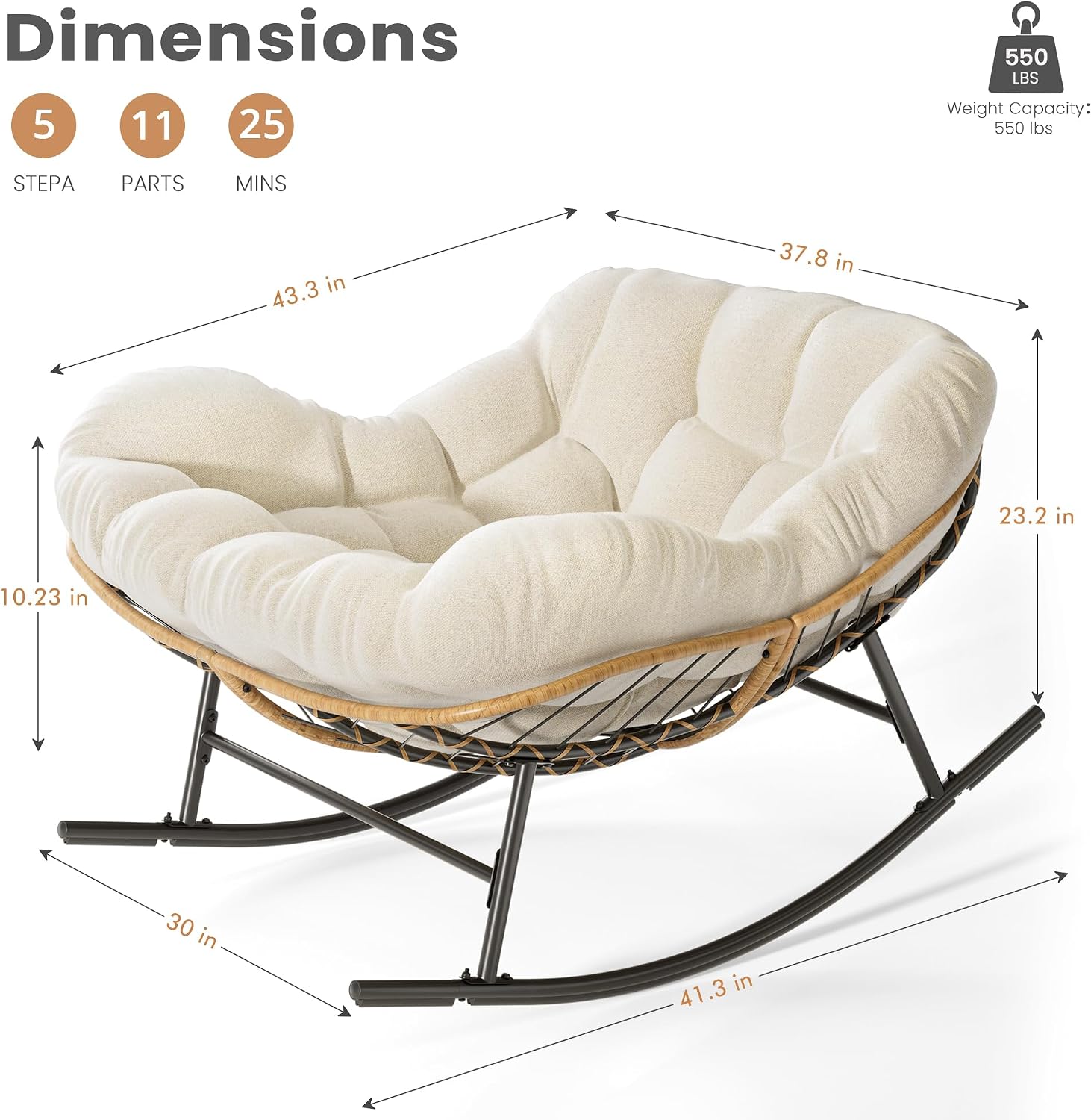 Easyego Oversized Papasan Rocking Chair Indoor Outdoor Use, Comfortable Wicker Rocker with Cozy Thicken Cushion for Deck, Balcony, Poolside, Lawn, Bedroom, Living Room, White