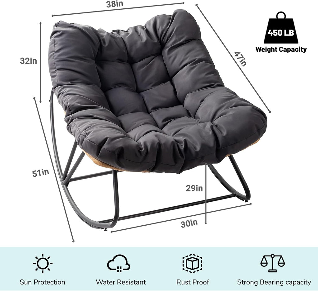 JOYBASE Outdoor Indoor Papasan Rocking Chair Set of 2, Oversized Papasan Rocker with Cushion, Patio Wicker Comfy Egg Chair for Backyard Bedroom Living Room Lounge Reading (Dark Grey)