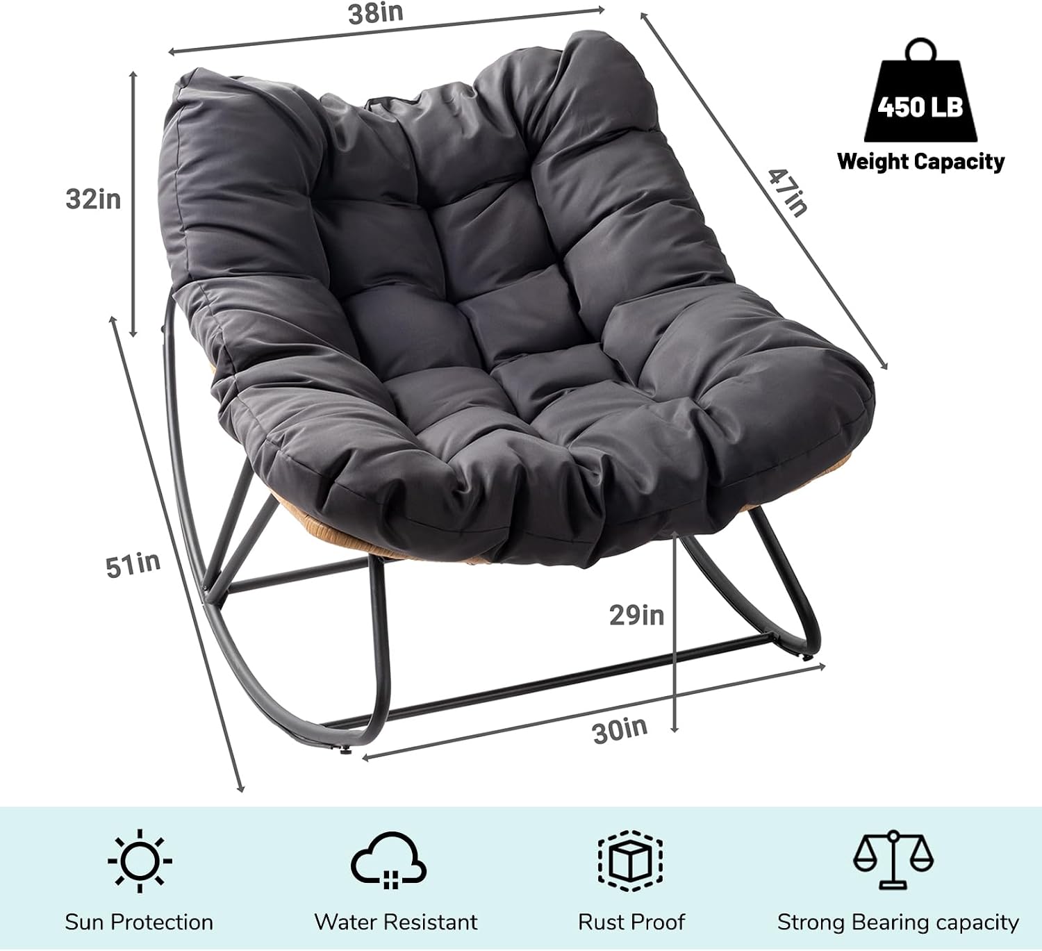 JOYBASE Outdoor Indoor Papasan Rocking Chair Set of 2, Oversized Papasan Rocker with Cushion, Patio Wicker Comfy Egg Chair for Backyard Bedroom Living Room Lounge Reading (Dark Grey)