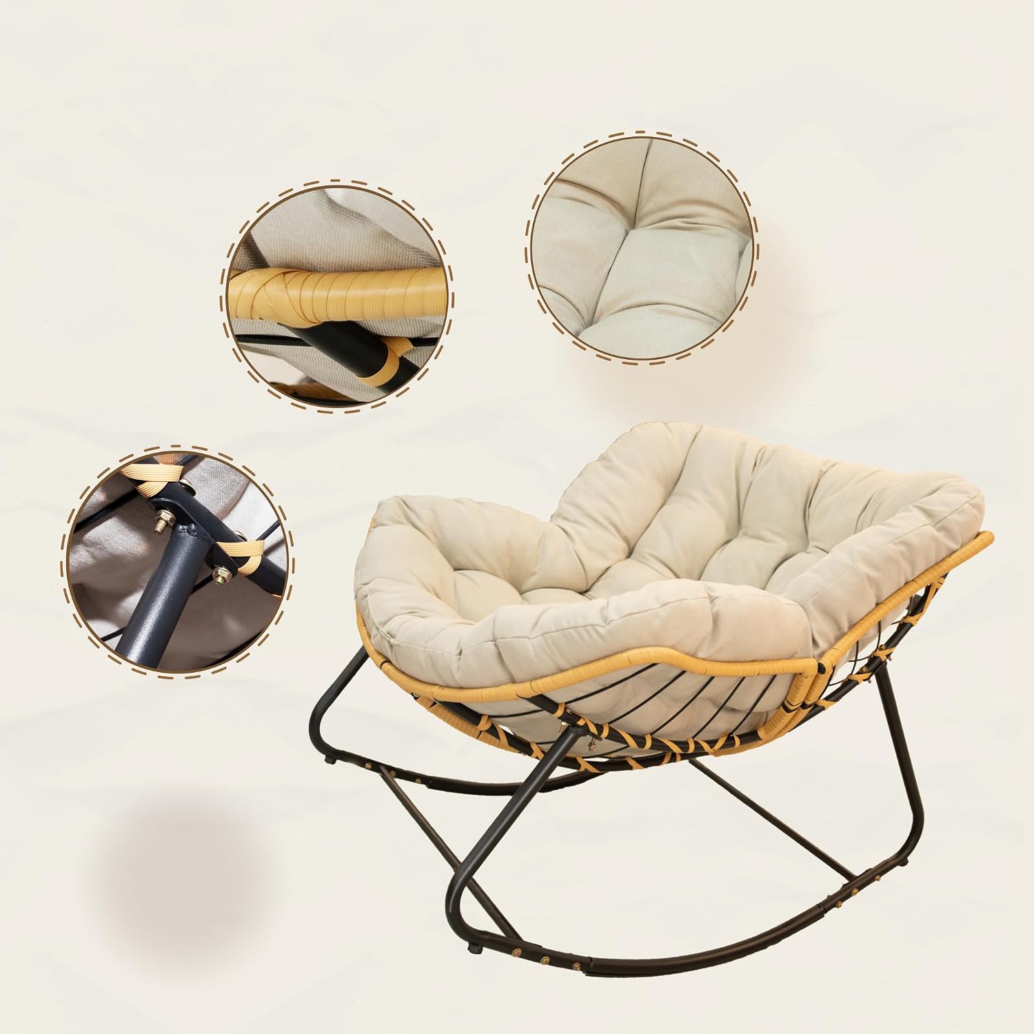 Patio Rocking Egg Chair - Outdoor Rocking Chair with Thick Cushion, Modern Indoor Outdoor Papasan Rocking Chair, Lounge Rocker for Balcony, Living Room, Bedroom, Porch, Patio, Lawn, Garden (Beige)
