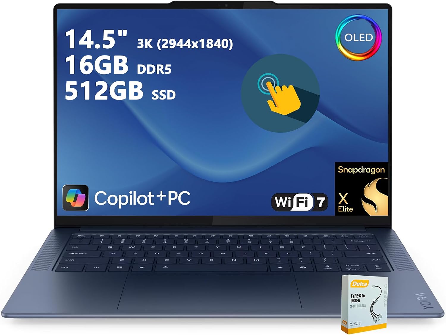 Lenovo Yoga Slim 7X AI PC Laptop | 14.5' 3K 90Hz OLED Touch | Snapdragon X Elite (Up to 45 NPU Tops) | 16GB DDR5 512GB SSD | for Professional Work Backlit Wi-Fi 7 Win11 w/DLCA Accessory