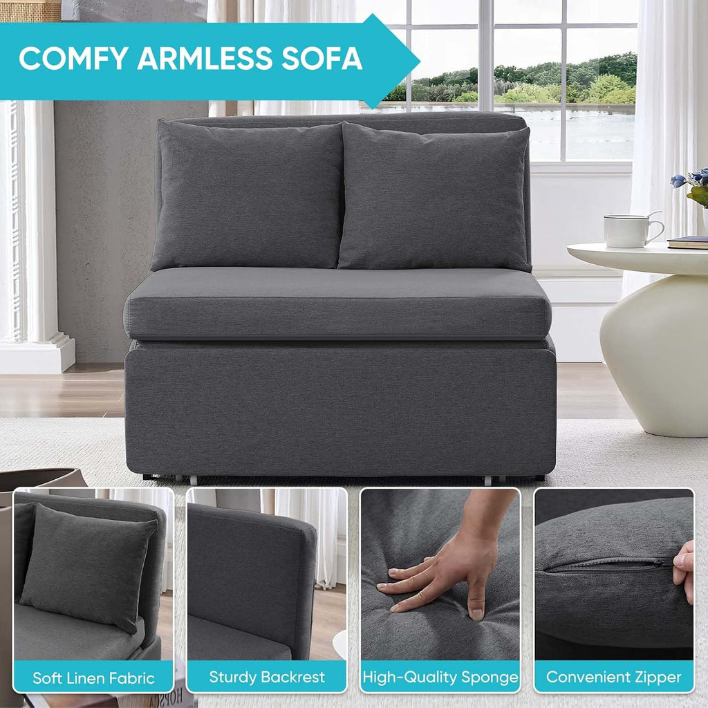 CECER 43.3' Twin Size Pull Out Sofa Bed, Pull Out Couch Bed with 2 Pillows, Linen Convertible Sleeper Sofa with Comfy Mattress, 2 in 1 Armless Loveseat Beds for Small Space-Dark Grey