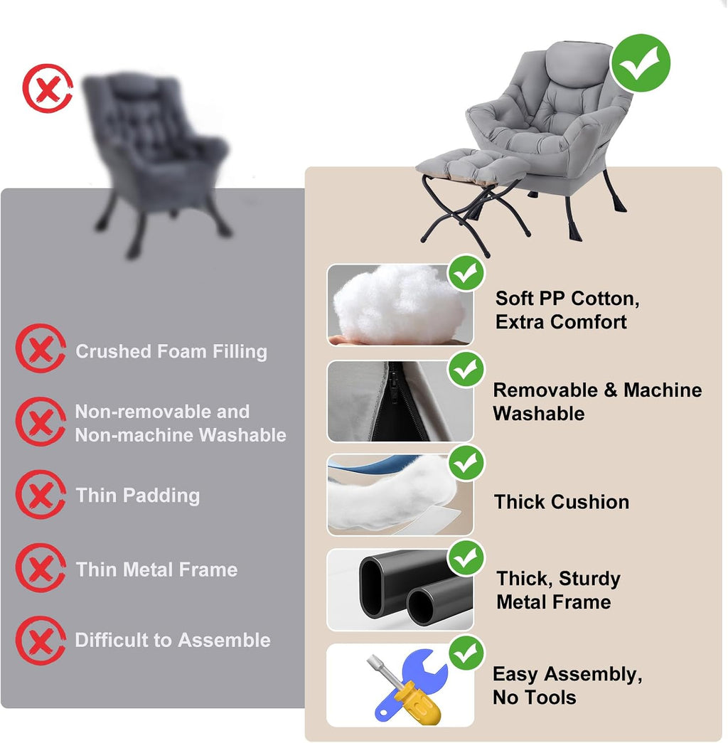 Furlide Lazy Chair with Ottoman, Modern Accent Chairs with Folding Footrest, Light Grey Sofa Chair Set, Comfortable Reading Chairs, Oversized Armchairs for Bedroom, Study, Living Room, Courtyard