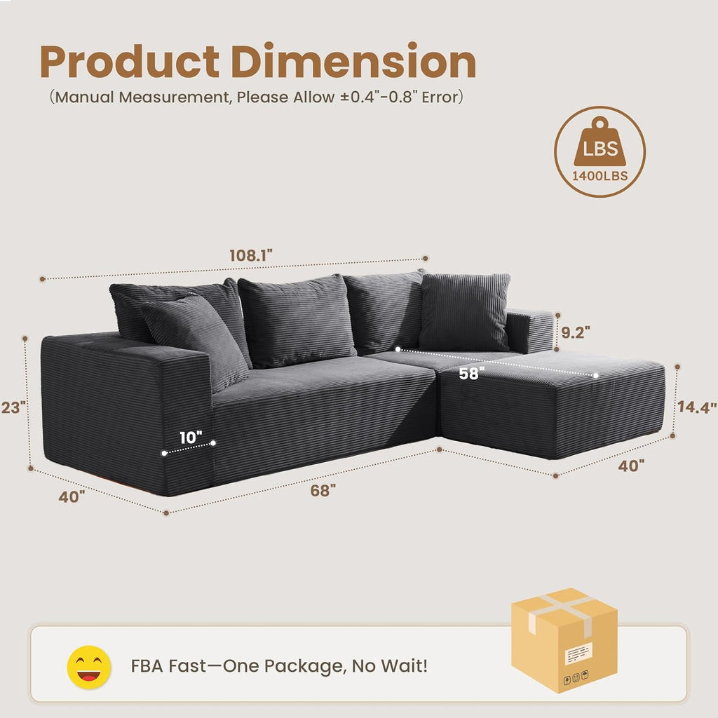 108' L-Shaped Boneless Couch, Modular Sectional Sofa with Moveable Ottoman, Corduroy Cloud Couches for Living Room, No Assembly, Ship in a Box, Ash Gray