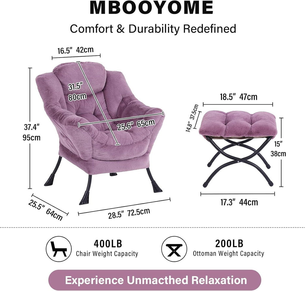 MBOOYOME Lazy Chair with Ottoman, Modern Accent Lounge Armchair with Side Pocket & Foldable Footstool, Leisure Reading Chair for Living Room, Bedroom, Dorm & Office, Plush Purple