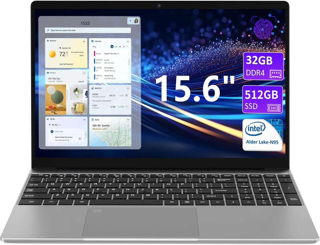 KurieTim 15.6' Laptop Computer, 32GB DDR4 RAM 512GB PCIe SSD, IntelN95 Processor(4C/4T, Up to 3.4GHz), Gaming Laptops with Backlight Keyboard, Fingerprint Reader, 8000mAh Battery, Win11 Pro,Silver