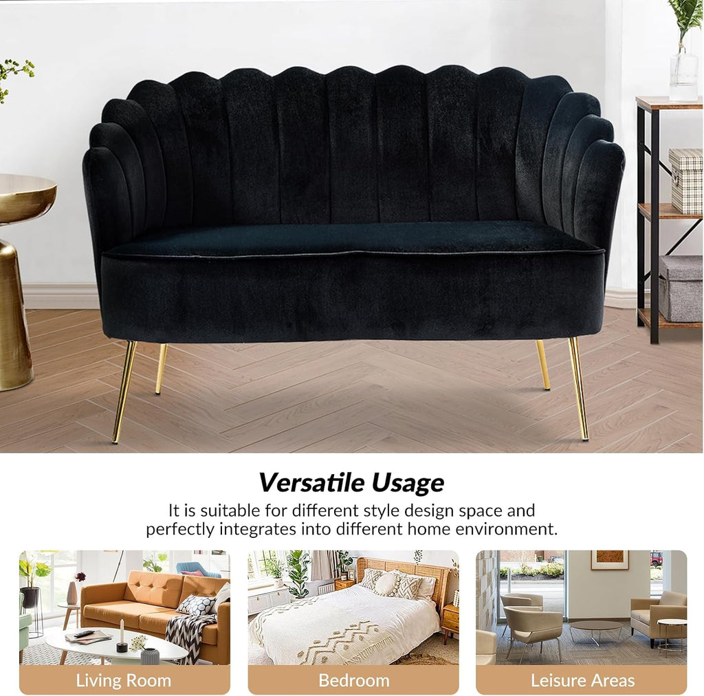 HULALA HOME Modern Velvet Loveseat Sofa with Flower Shaped Back, Comfy Upholstered 2-Seater Sofa with Gold Metal Legs, Small Love Seat Accent Couch for Living Bedroom Leisure Areas, Black