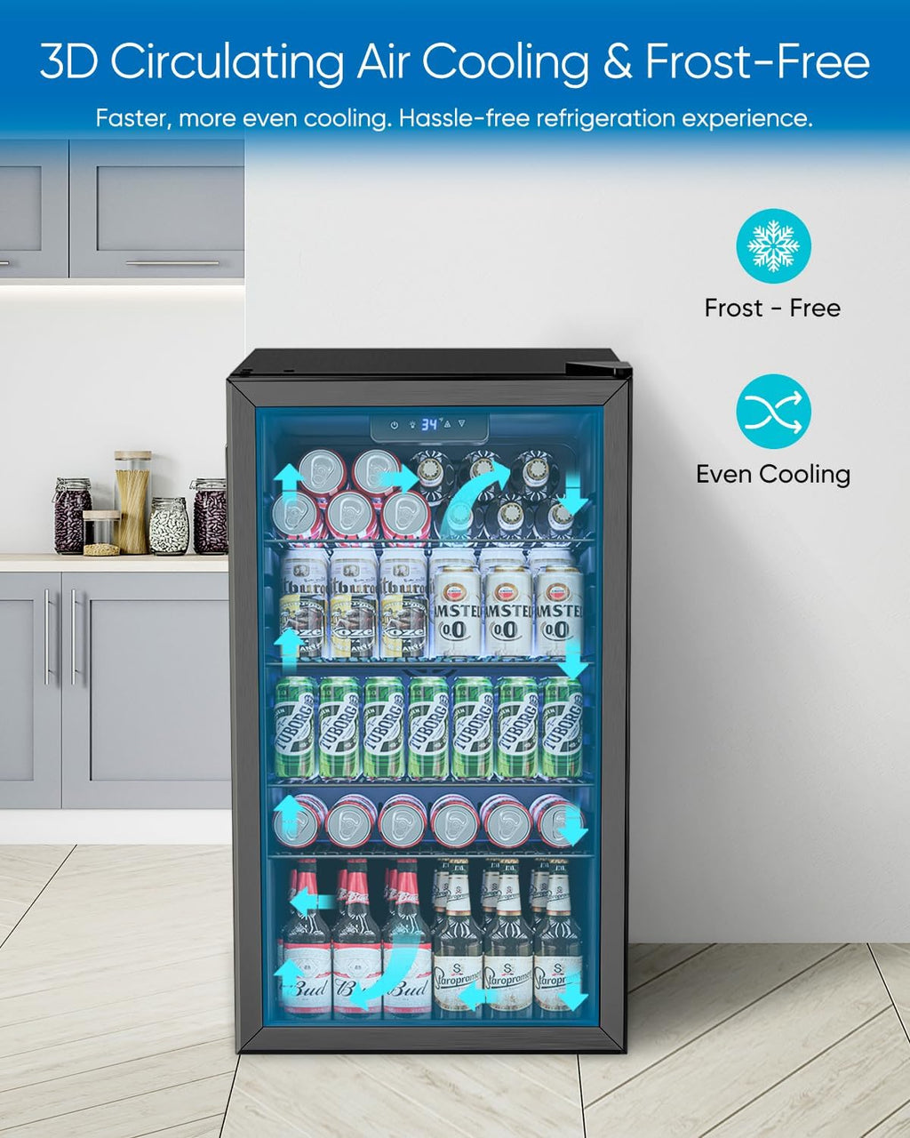 Feelfunn Beverage Refrigerator and Cooler - 126 Can Mini Fridge Glass Door for Soda Beer Wine - Freestanding Beverage Fridge for Bedroom Office Bar, 4 Adjustable Shelves, 3.2 Cu.Ft, Black