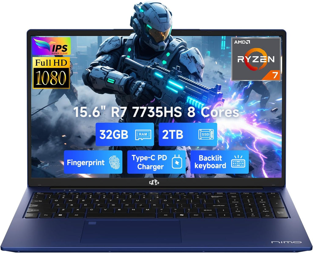 NIMO 15.6' IPS FHD Gaming-Laptop, AMD 8 Cores Ryzen 7 7735HS 32GB DDR5 RAM 2TB SSD (Beats i7-12650H, Up to 4.75GHz) Computer with Radeon 680M 100W Type-C Backlit Keyboard Fingerprint Unlock, Blue