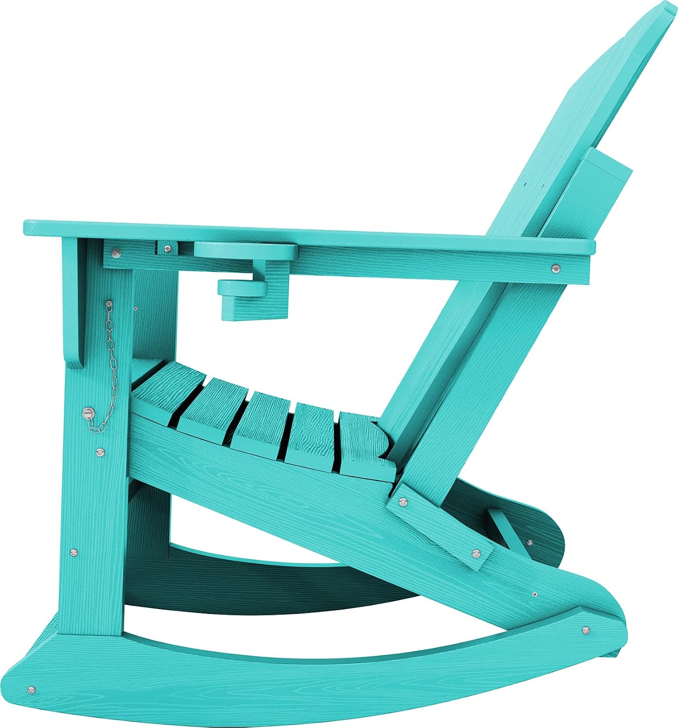 KINGYES Adirondack Rocking Chair with Retractable Ottoman and Cup Holders, HDPE Adirondack Rocker Patio Rocking Chair for Porch, Patio, Balcony, Aqua Blue