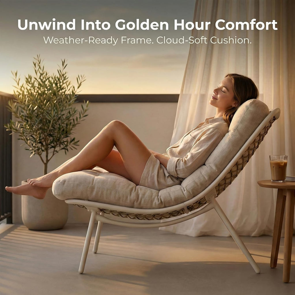 SWITTE Wicker Chaise Lounge Chair, Outdoor Comfy Papasan Recliner with Thick Cushion, Low Seat Patio Rattan Chair for Balcony, Backyard, Poolside - Cream