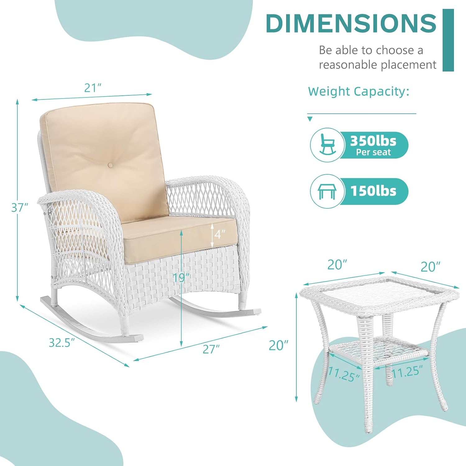 MEETWARM 3 Pieces Patio Conversation Set, Rattan Outdoor Rocking Patio Bistro Set with 2 Rockers and 1 Side Table with 4' Thick Cushions, Outdoor Furniture Set for Porch Backyard, White Wicker/Beige