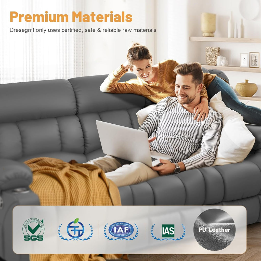 Dresegmt Loveseat Recliner Sofa, Flip Middle Backrest Design PU Leather 3 Seat Reclining Sofa with Storage Drawer, Manual Couch for Living Room/RV (Gray, PU)