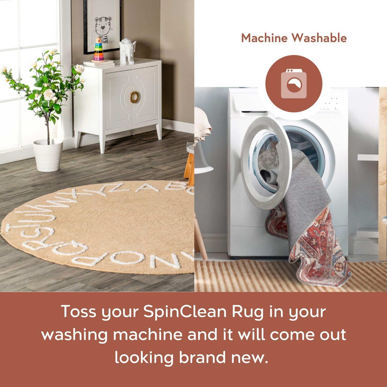 Nuloom SpinClean Collection Alphabet Tan/Ivory, 6' Round, Cotton, Soft and Plush, High Traffic, Stain Resistant, Easy Clean, Durable Washable Area Rug for Bedroom, Living Room, Dining, Entryway