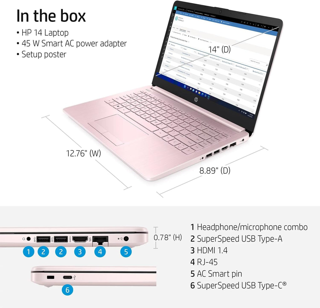 HP Portable Laptop (Include 1 Year Microsoft 365), 14'' HD Display, 16GB RAM, 64GB eMMC, Intel Quad-Core N4120, Student and Business, Webcam, HDMI, Wi-Fi, RJ-45, Windows 11 Home, Pink