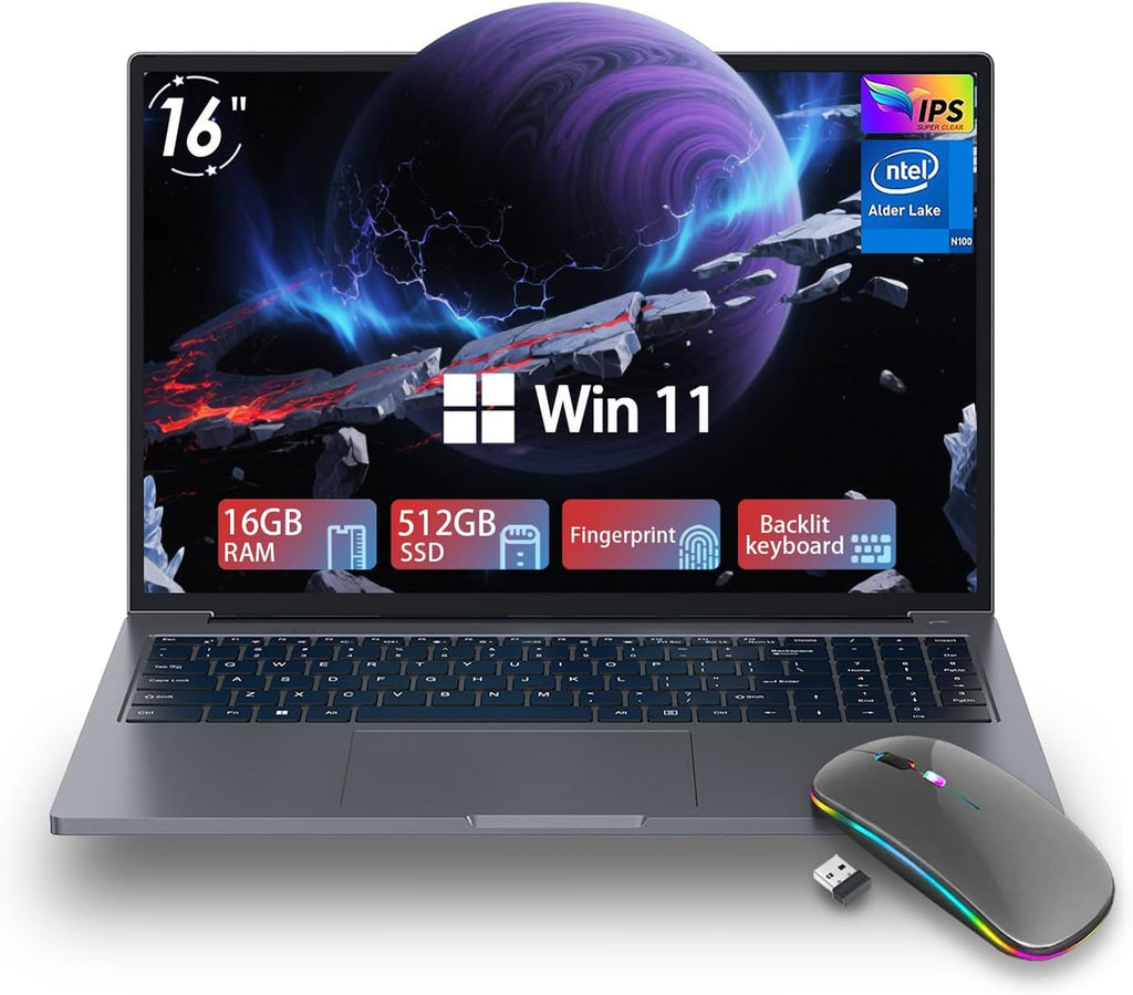 ZOLWAYTAC 16' Inch Laptops, Win 11Computer Laptop Gaming,16GB RAM 512GB SSD,N100 CPU(Up to 3.4GHz,12th),with WiFi/BT,Backlit Keyboard,5000mAh,Support Type C Charging,for Gaming,Business,Silver Gray