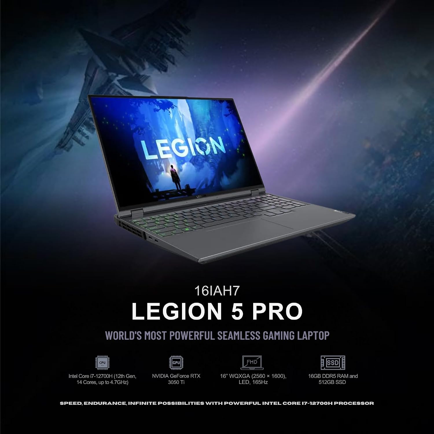 Lenovo Legion 5 Pro 16IAH7 (82S00003US) Gaming Laptop – 16' WQXGA (2560 × 1600), Intel Core i7-12700H, NVIDIA GeForce RTX 3050 Ti, 16GB DDR5 RAM, 512GB SSD – Storm Gray