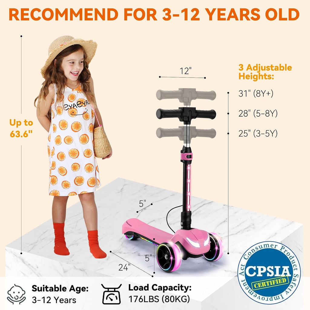 24V Electric Scooter for Kids w/150W Powerful Motor, Thumb Throttle, LCD Screen, Bluetooth, Light-Up Stem Deck & Wheels, 3 Adjustable Heights, 5MPH Safe Speed, 3 Wheel Electric Scooter for Kids