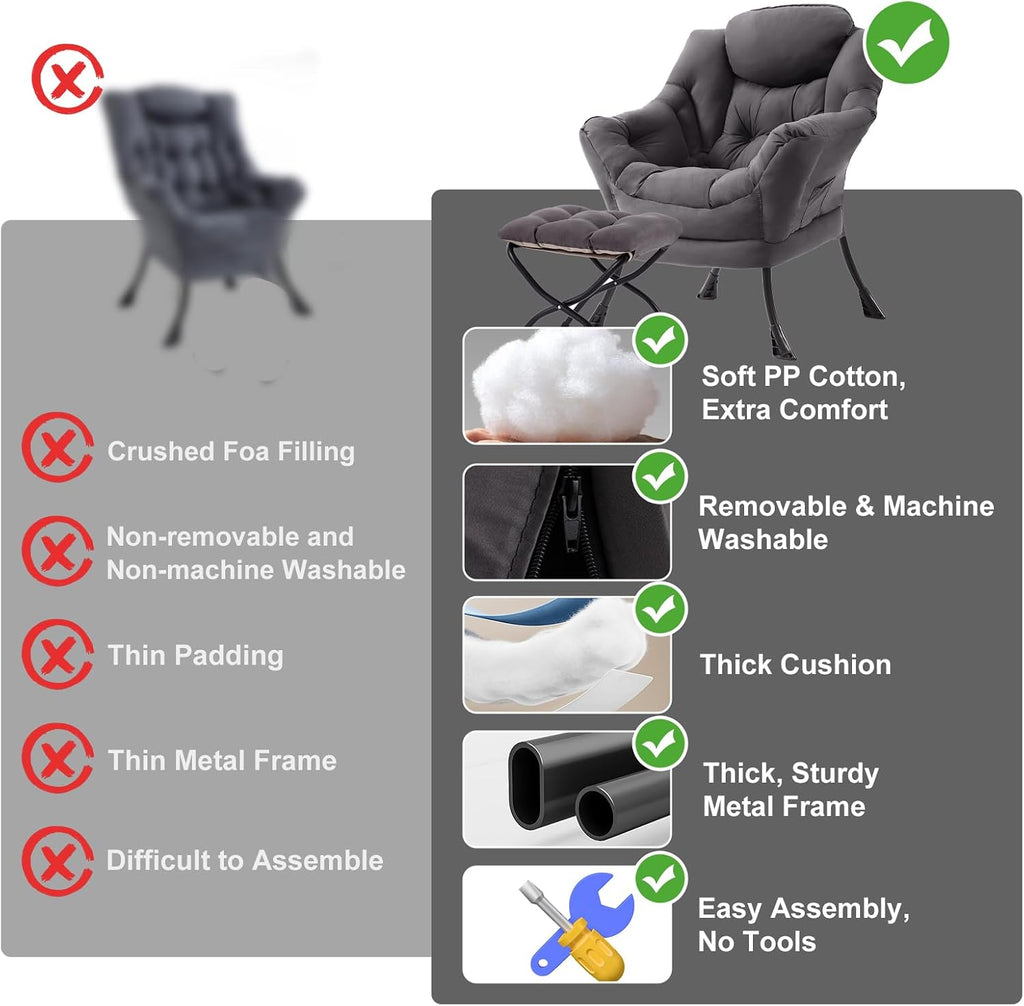 Furlide Lazy Chair with Ottoman, Modern Chair with Folding Footrest, Dark Grey Accent Chair, Comfortable Reading Chair, Oversized Armchairs for Bedroom, Study, Living Room, Courtyard