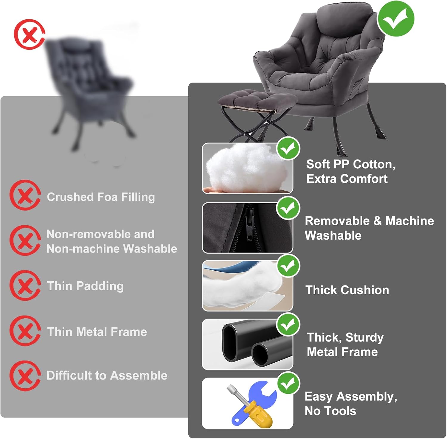 Furlide Lazy Chair with Ottoman, Modern Chair with Folding Footrest, Dark Grey Accent Chair, Comfortable Reading Chair, Oversized Armchairs for Bedroom, Study, Living Room, Courtyard