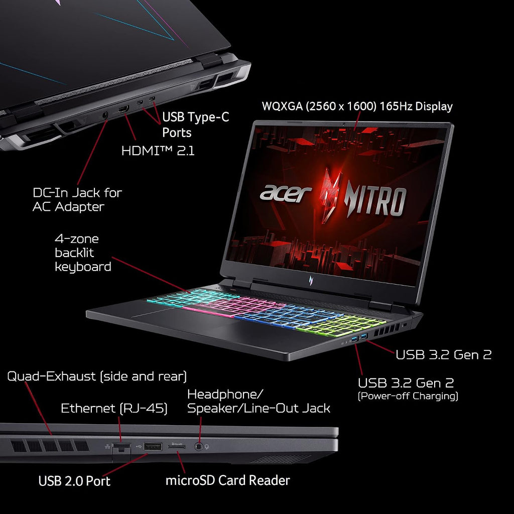 Acer Nitro 16 Gaming Laptop | AMD Ryzen 9 7940HS Octa-Core CPU | NVIDIA GeForce RTX 4070 Laptop GPU | 16' WQXGA 165Hz IPS Display | 16GB DDR5 | 1TB Gen 4 SSD | Wi-Fi 6E | RGB Backlit KB | AN16-41-R5KC