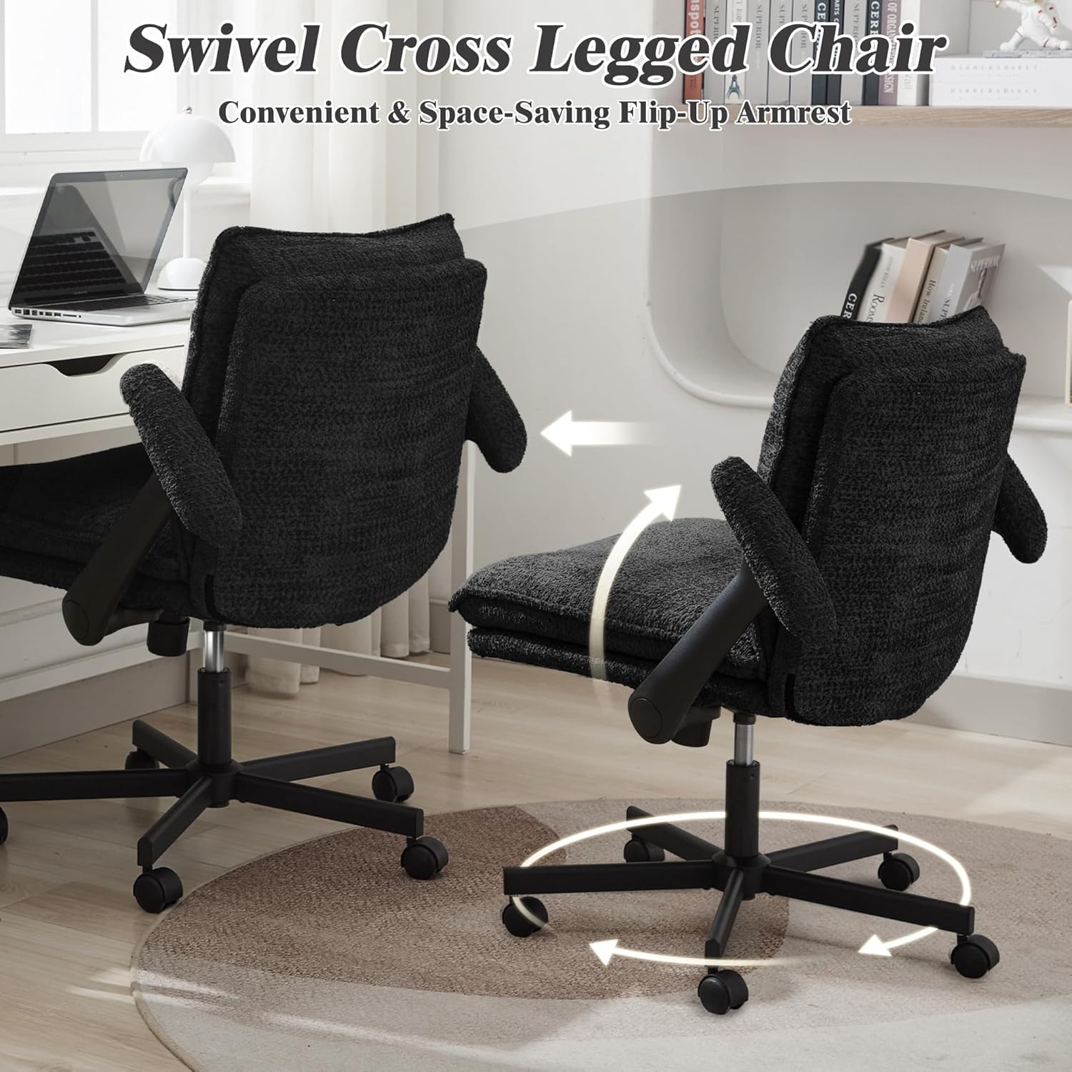 Kassipo Criss Cross Legged Office Chair with Wheels and Flip-Up Arms, Upholstered Criss Cross Desk Chair, Wide Seat Chairs for Home Office, Vanity, Apartment, Black
