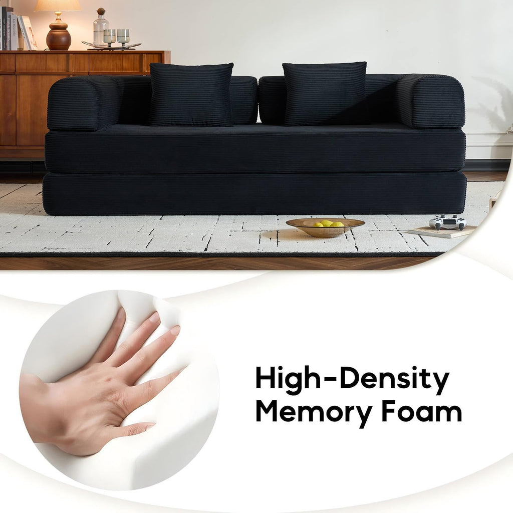 ZEIINPA Convertible Sleeper Sofa Bed with Fixed-Shape Frame, Corduroy Folding Boneless Couch with Cylindrical Pillow, Comfy Floor Sofa Couch for Living Room, No Assembly Required, Black