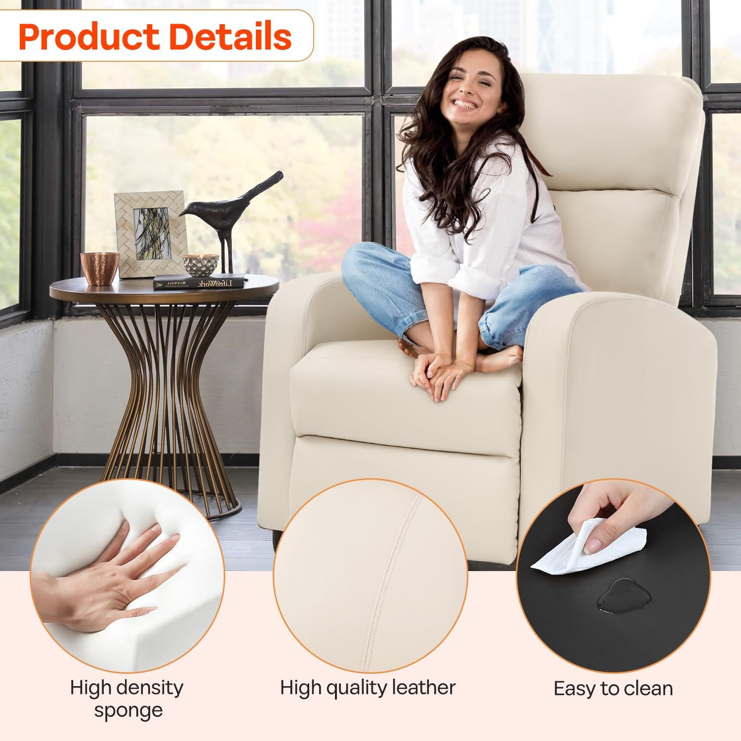 FDW Recliner Chair Massage Chair Reading Chair Reclining Sofa Home Theater Seating with Lumbar Support Massage and Padded Backrest for Living Room and Bedroom (Leather, Beige)