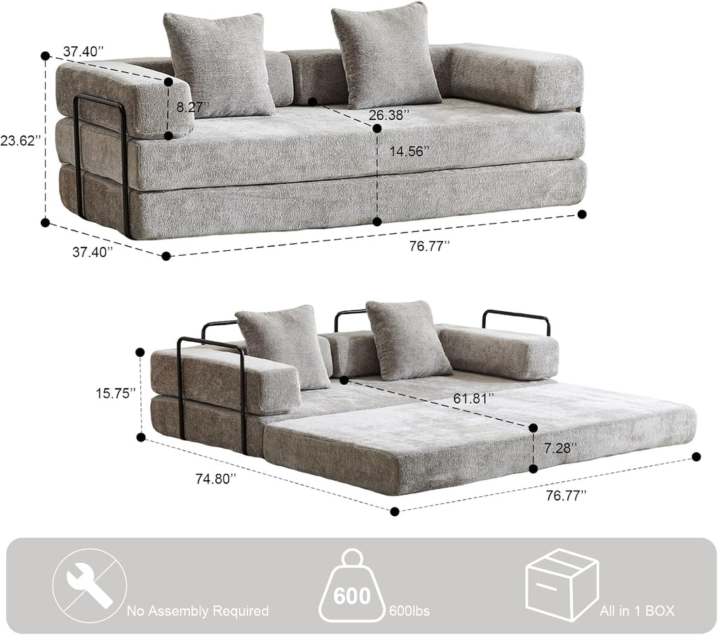 ZEIINPA Convertible Floor Sofa Bed with Fixed-Shape Frame, Modular Chenille Folding Mattress Couch with Armrest, Floor Sofa Lounge Couch for Living Room Bedroom Lounge Studio,Light Grey