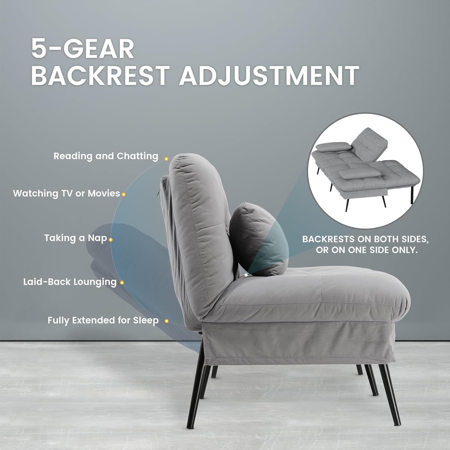 COMHOMA Convertible Futon Sofa Bed, 72″Fabric Futons Couch with Adjustable Backrest, Folding Sleeper Recliner for Living Room Furniture (Grey)