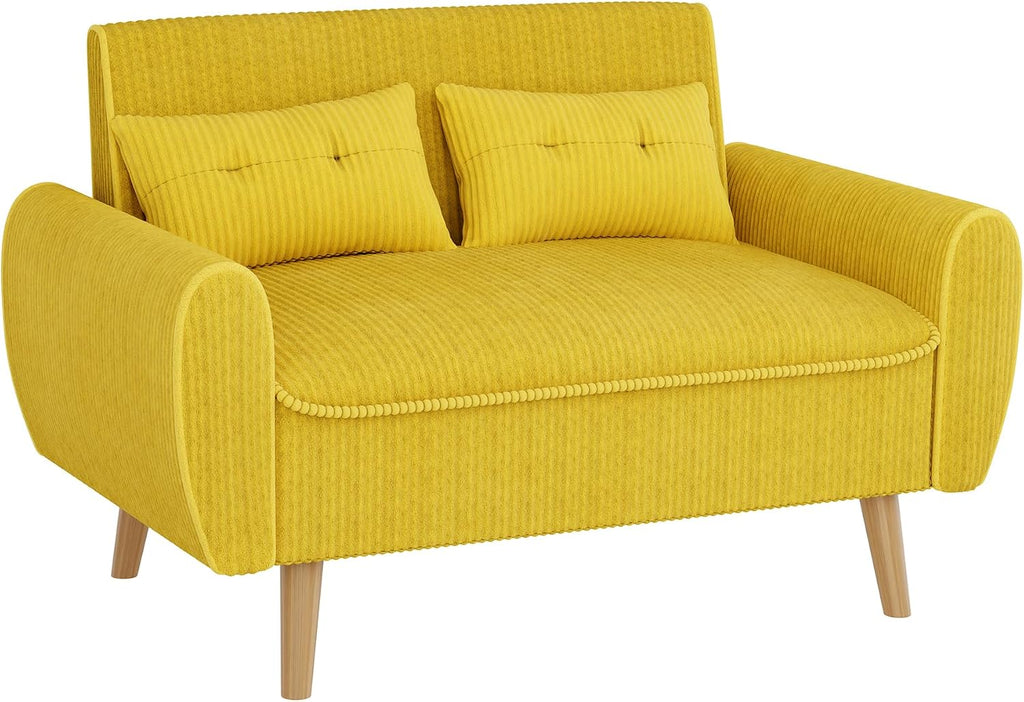 Shintenchi 48'' Loveseat Sofa, Mid-Century Modern Upholstered Couch Deep Seat with 2 Pillows, 10' Thick Cushion with Spring, Solid Wood Frame Small Couch for Living Room, Dorms & Office, Yellow