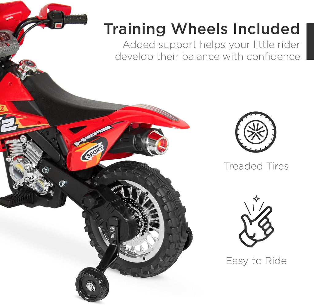 Best Choice Products Kids 6V Ride On Motorcycle w/Treaded Tires, Working Headlights, 2mph Top Speed, Training Wheels, Realistic Sounds, Music, Battery Charger - Red
