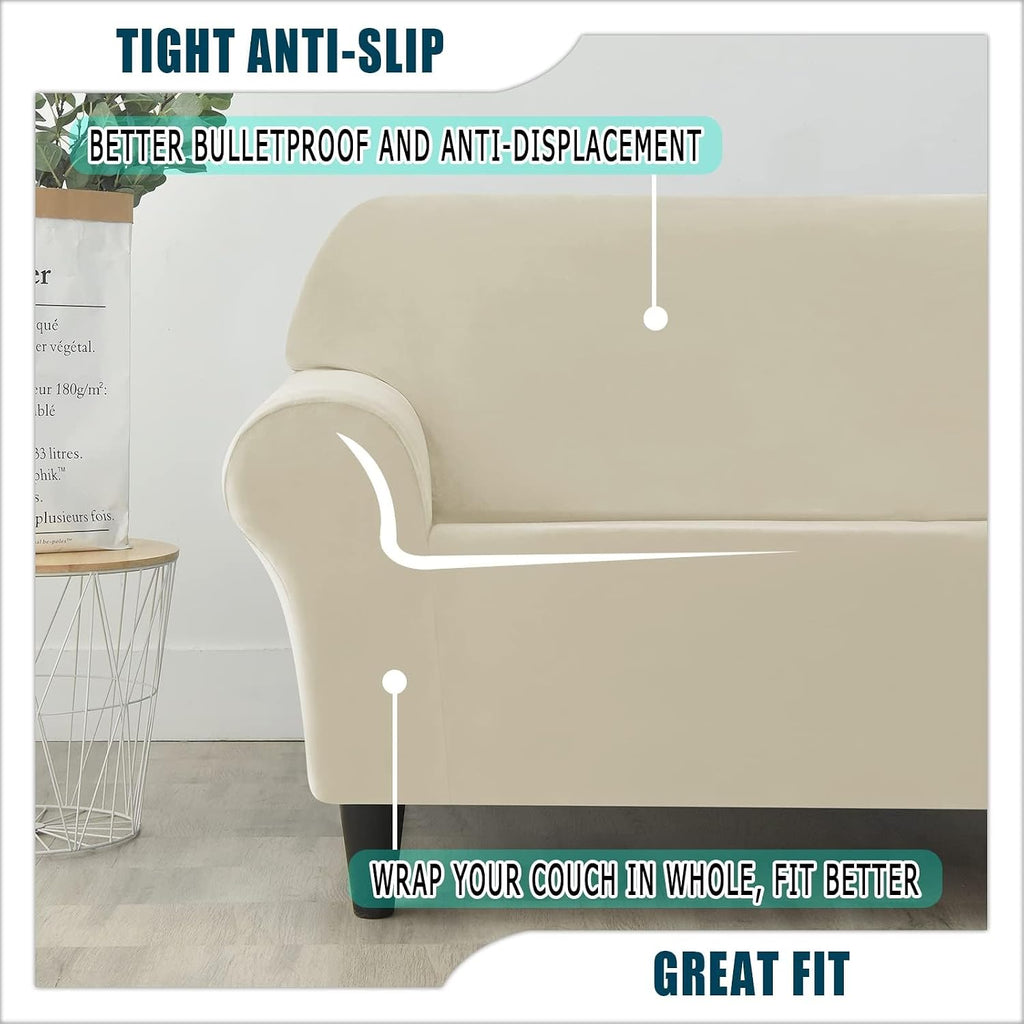 7 Piece Stretch Velvet Ektorp Sofa Covers, for 1 Base Cover, 3 Cushion Couch Cover and 3 Backrest Cover, for Living Room Furniture (Beige,Large 3 Seat 7 PCS)