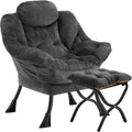 Lazy Chair with Folding Ottoman,Leisure Sofa Chair,Soft Fabric Armchair with Armrests and Side Pockets, Reading Chair with Footrest for Living Room, Bedroom, Office (Plush Dark Grey)