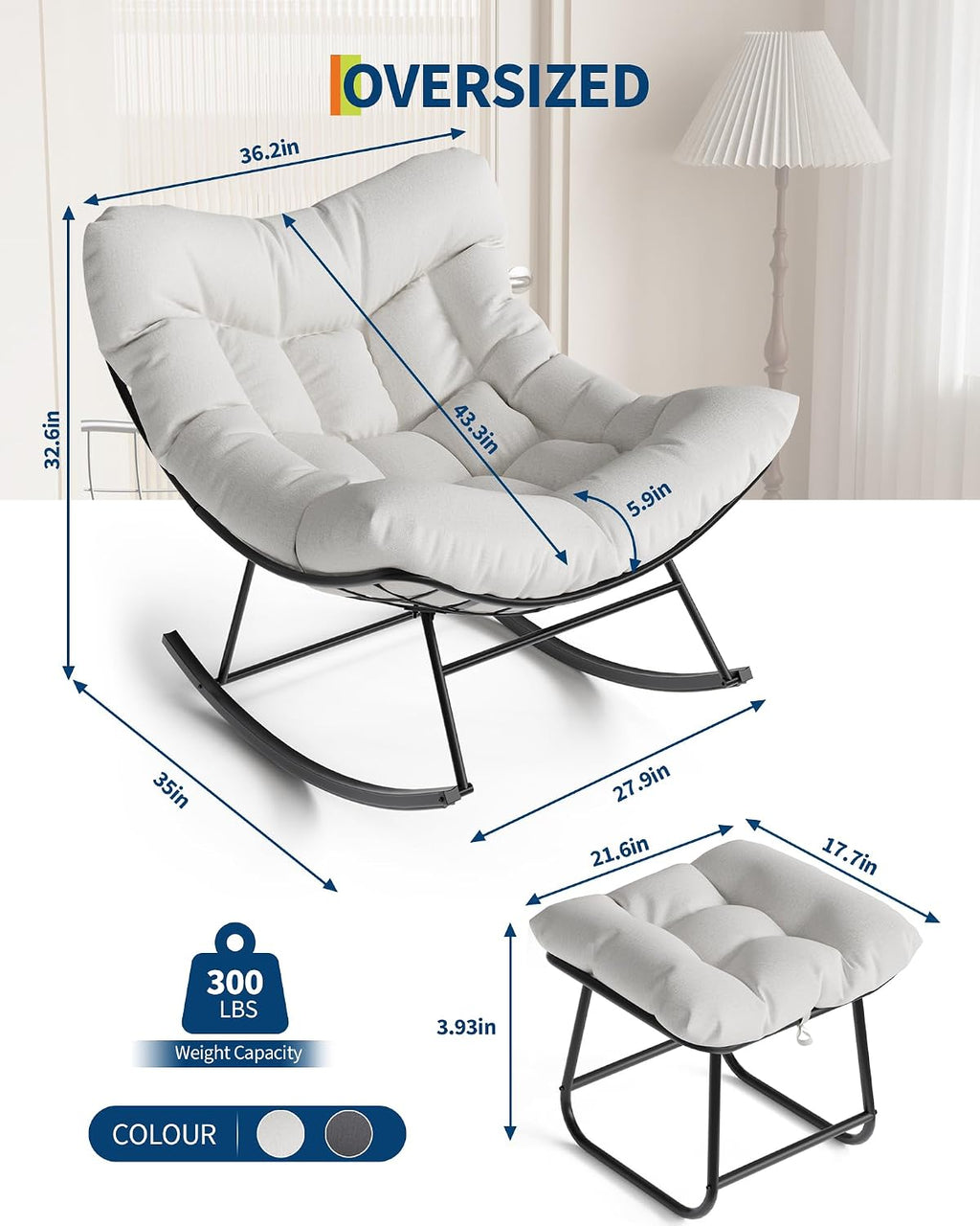 Oversized Papasan Rocking Chair with Ottoman - Durable Handwoven Egg Chair, Soft Cushion & Metal Frame for Patio, Bedroom, Living Room