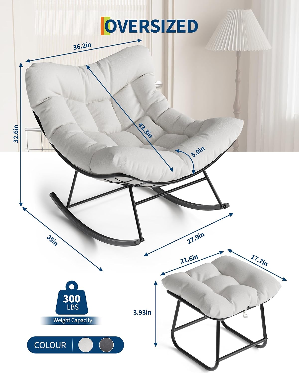 Oversized Papasan Rocking Chair with Ottoman - Durable Handwoven Egg Chair, Soft Cushion & Metal Frame for Patio, Bedroom, Living Room