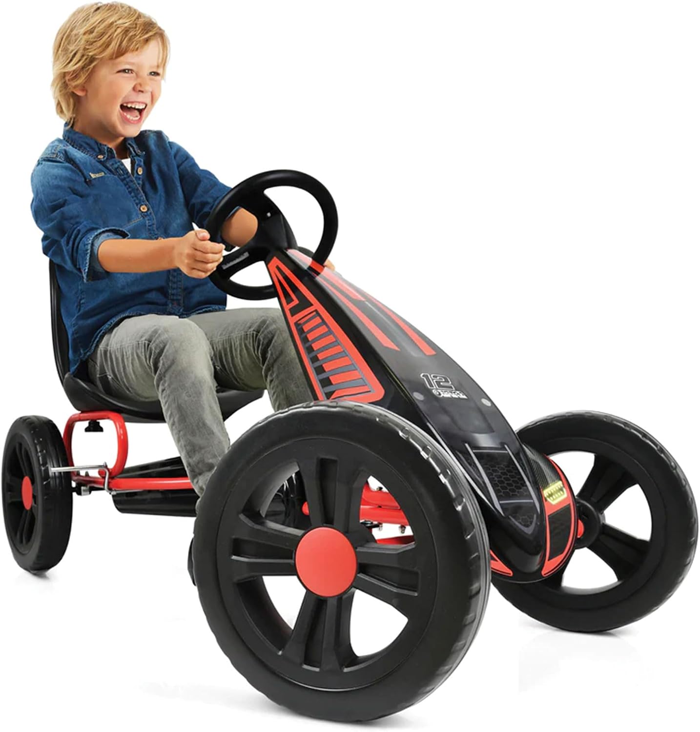 hauck Cyclone Pedal Go Kart with Adjustable Bucket Seat, 12 Inch EVA Foam Plastic Wheels, Handbrake for Rear Wheels - Ride On Toy for Kids 4-10 Years
