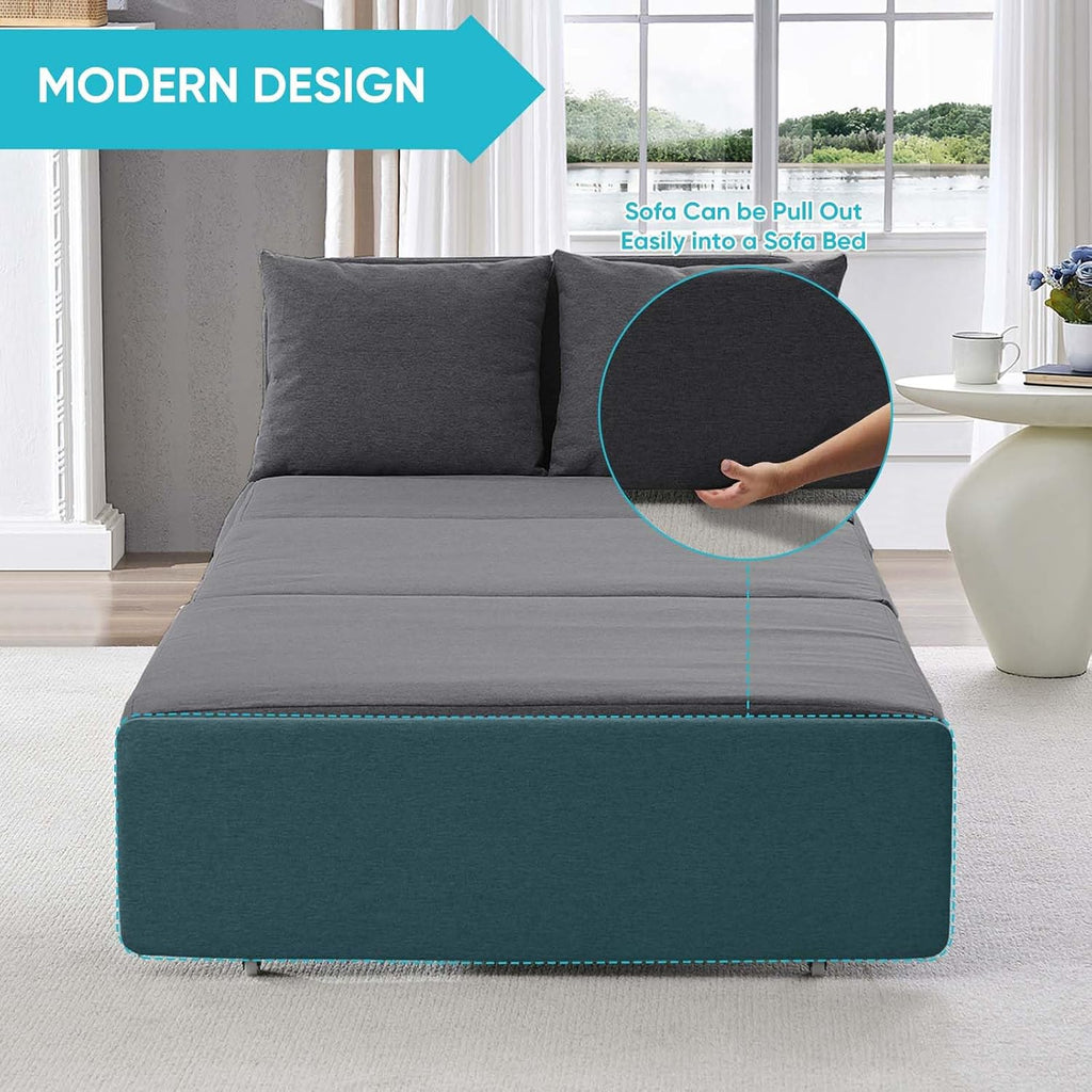 CECER 43.3' Twin Size Pull Out Sofa Bed, Pull Out Couch Bed with 2 Pillows, Linen Convertible Sleeper Sofa with Comfy Mattress, 2 in 1 Armless Loveseat Beds for Small Space-Dark Grey