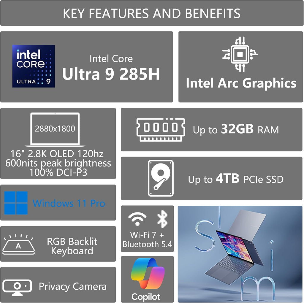 ASUS Vivobook S16 AI PC Laptop | 16' 2.8k OLED 120Hz | Intel Core Ultra 9 285H | 32GB RAM 2TB SSD | RGB Backlit for Creator Designer Business Professional Win11 Pro w/DLCA Accessory
