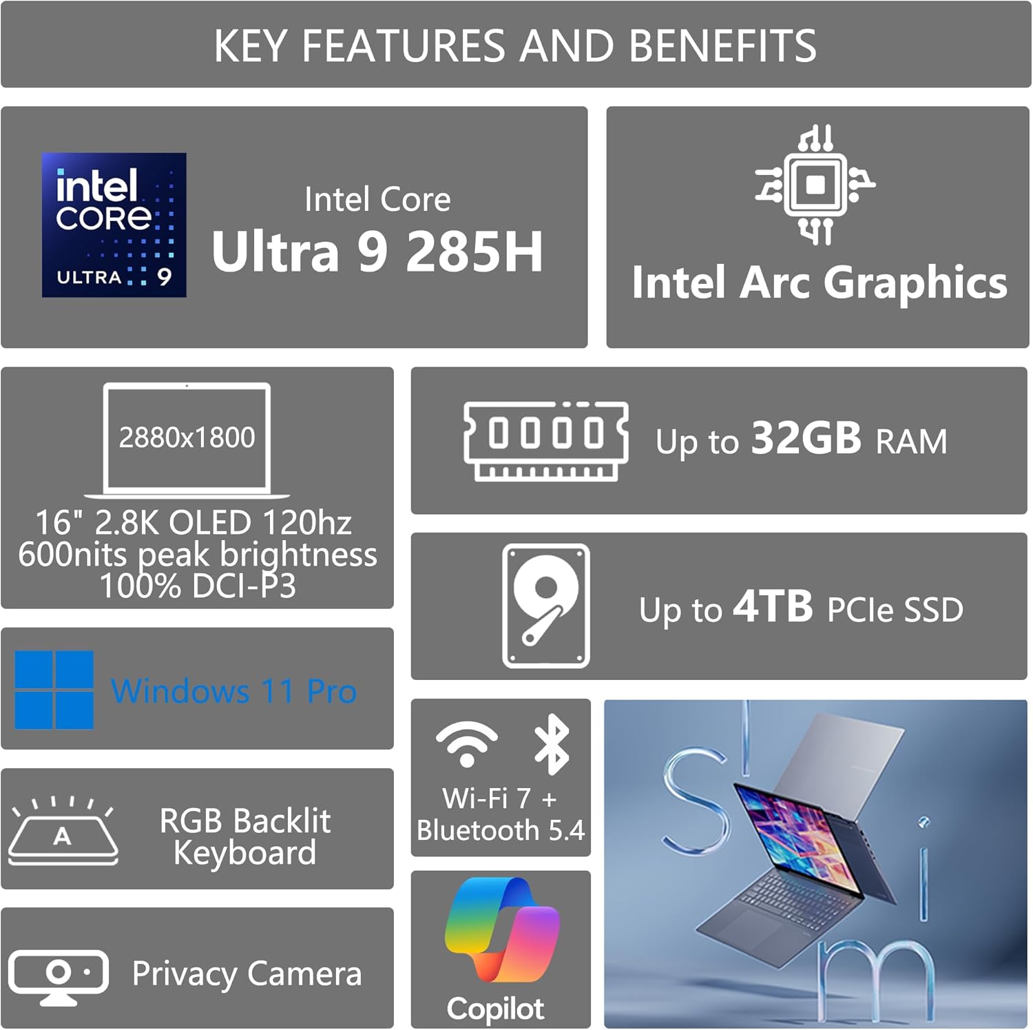 ASUS Vivobook S16 AI PC Laptop | 16' 2.8k OLED 120Hz | Intel Core Ultra 9 285H | 32GB RAM 4TB SSD | RGB Backlit for Creator Designer Business Professional Win11 Pro w/DLCA Accessory