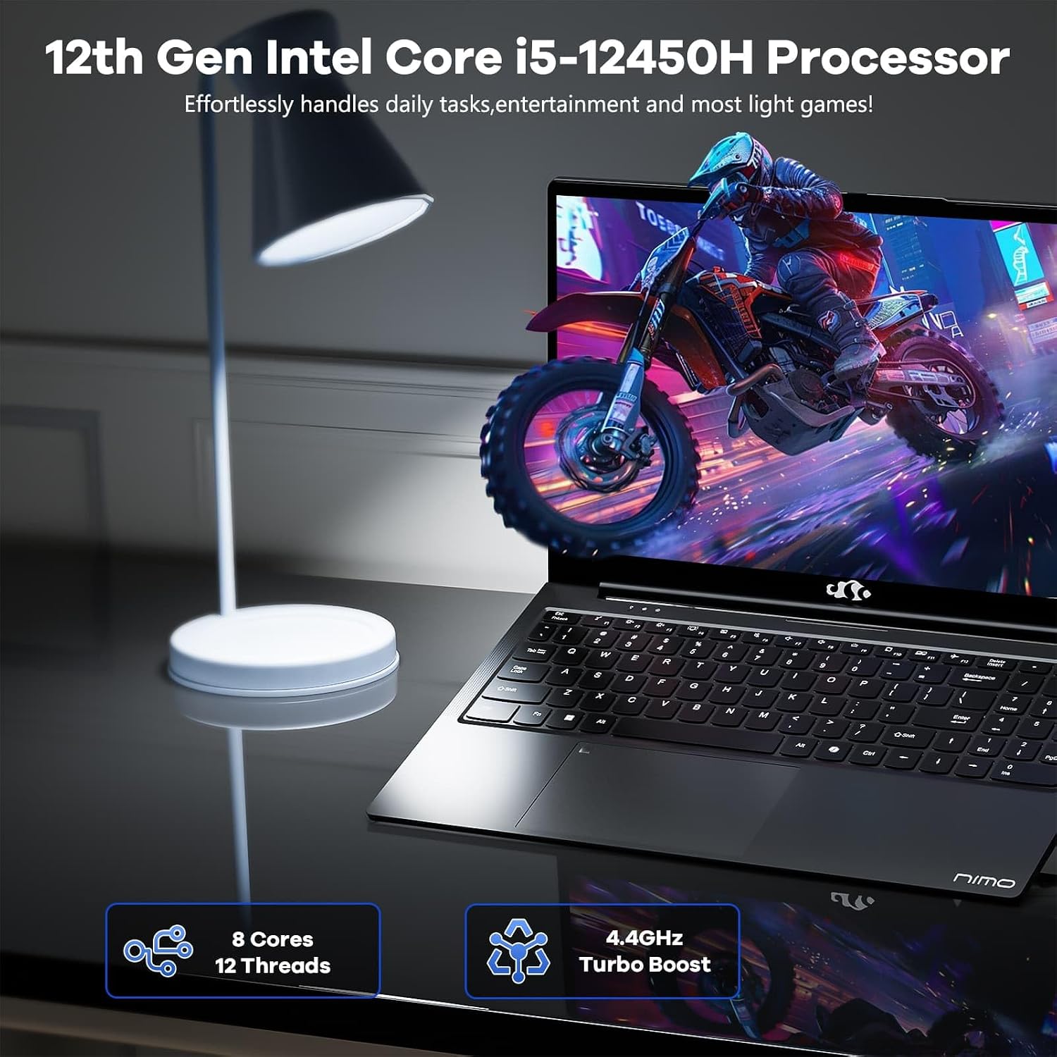 NIMO 15.6 Inch Laptop, i5-12450H 8-Core H-Series Processor (Beats i7-11800H), 16GB RAM 1TB SSD, Backlit Keyboard, Fingerprint Reader, 100W USB-C Fast Charging, WiFi 6, FHD IPS Display
