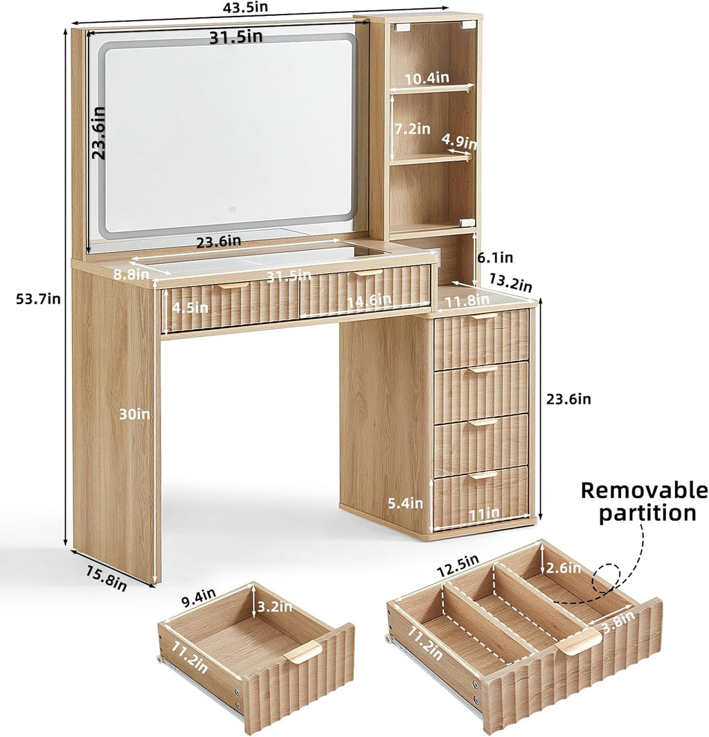 LEYAOYAO Vanity Desk with Mirror and Lights, 43.5'' Fluted Makeup Vanity with 6 Drawers and Adjustable Shelves, Glass Top Make Up Vanity, Girls Wood Dressing Table with Power Outlet for Bedroom