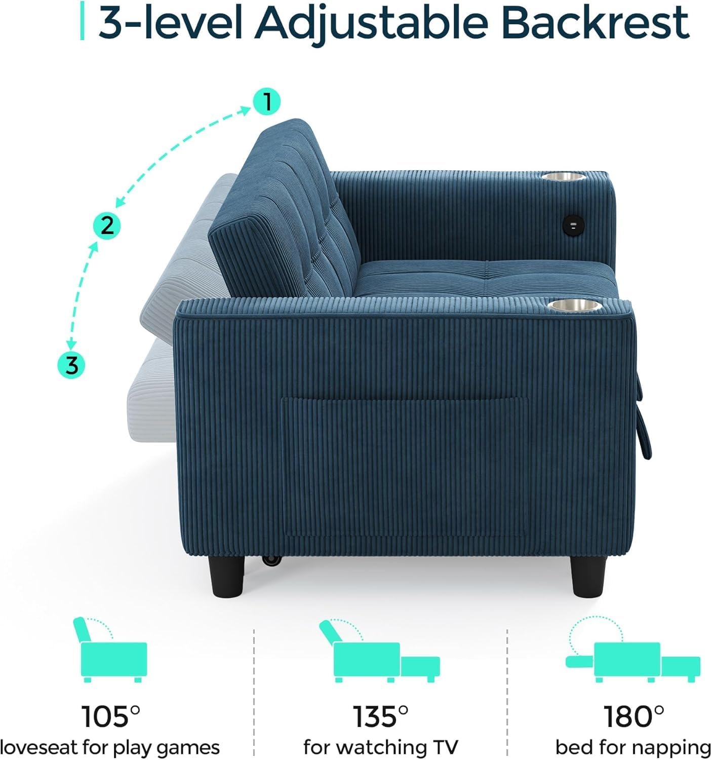 LINSY Sleeper Sofa Bed, 54' Pull Out Couch with Charging Station & Cup Holder, Small 3 in 1 Convertible Loveseat Sleeper Couch for Apartment, Dorm Room, Bedroom and Small Space(Corduroy Blue)