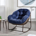 Outdoor Rattan Rocking Chair Oversized Papasan Recliner Lounger, Steel Frame & Thick Corduroy Cushion, Indoor/Outdoor Use for Patio, Porch, Backyard, Garden, Balcony, Navy Blue