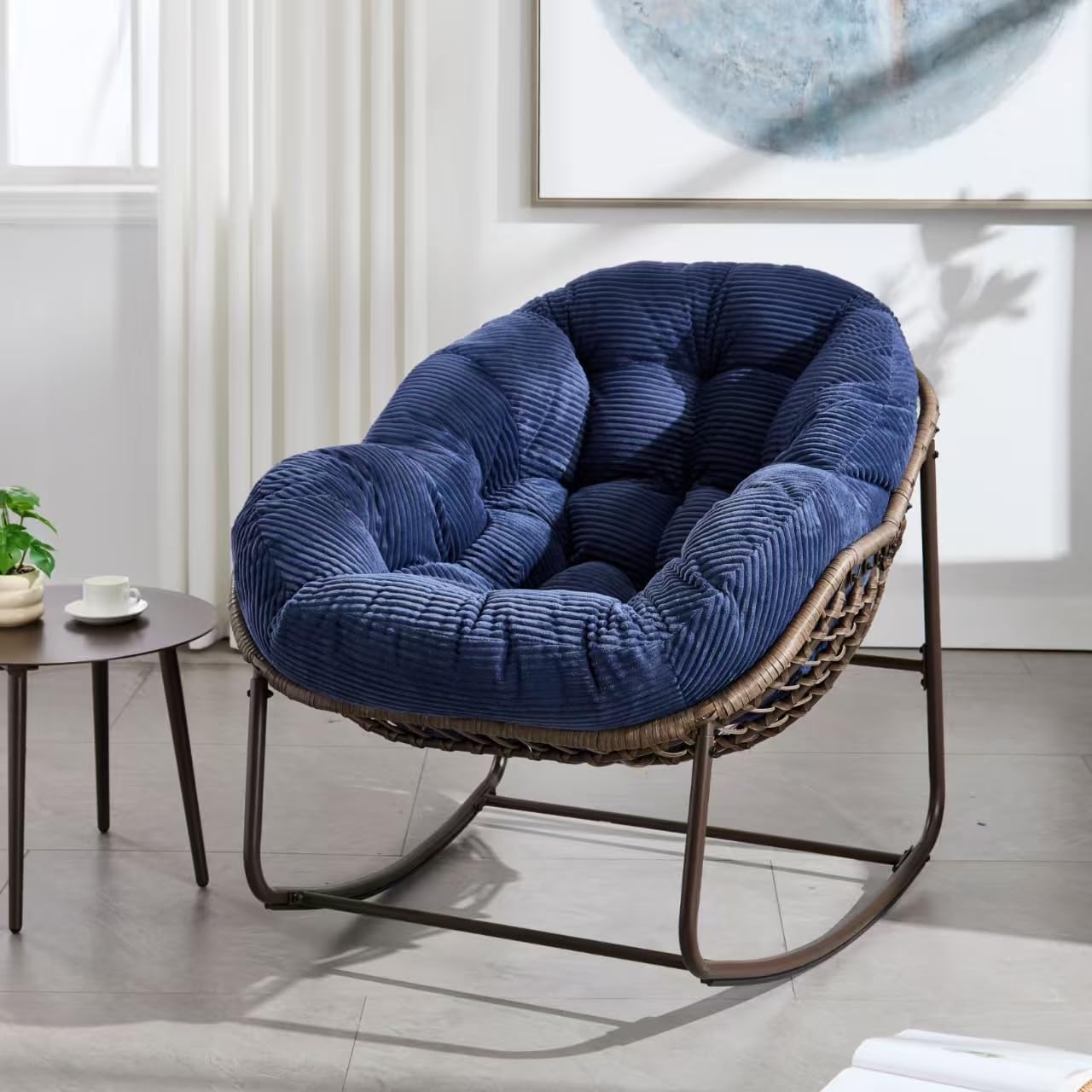 Outdoor Rattan Rocking Chair Oversized Papasan Recliner Lounger, Steel Frame & Thick Corduroy Cushion, Indoor/Outdoor Use for Patio, Porch, Backyard, Garden, Balcony, Navy Blue