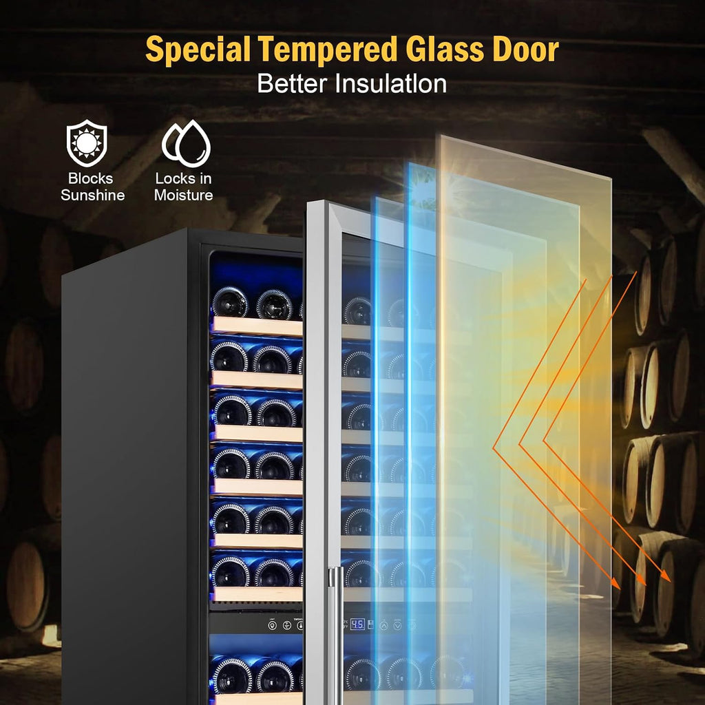 FoMup Wine Cooler Refrigerator 24 Inch, 180 Bottles Large Wine Fridge Dual Zones, Tall Freestanding/Built-in Wine Cellar Professional with Reversible Door Sliding Rail Shelves
